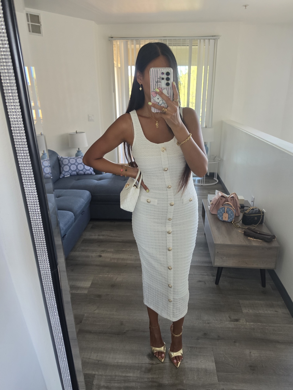 Classic White Button-Front Tweed Midi Dress - Picture 9 of 16